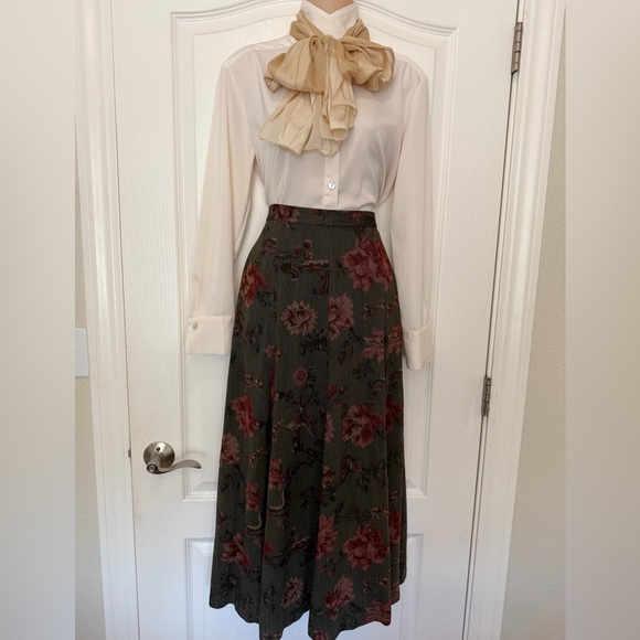 VTG 90s Dark Academia Taupe Burgundy Rose Floral Maxi Skirt By Koret, Size S-M - Picture 4 of 14